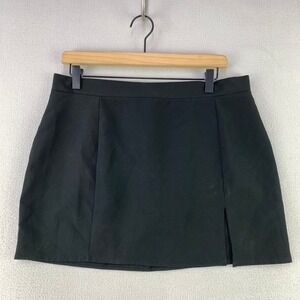 Pretty Little Thing Mini Skirt Women Size 10 Black Solid Side Slit Zip Back